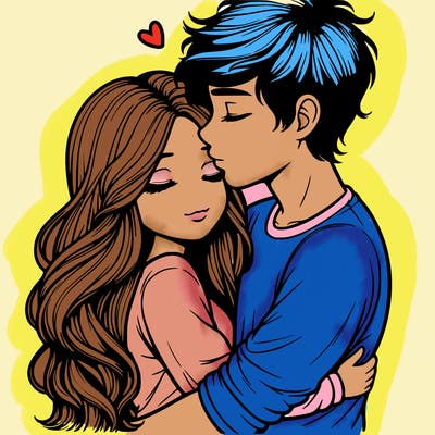 a realistic couple boy and girl hugging and kissing