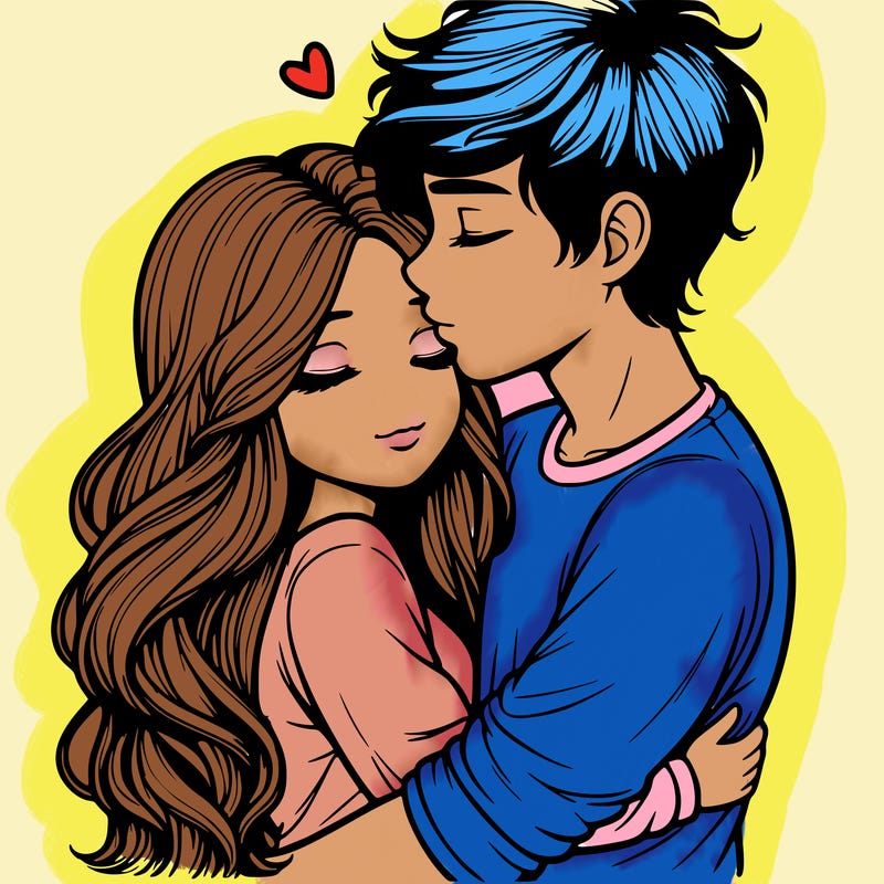 a realistic couple boy and girl hugging and kissing