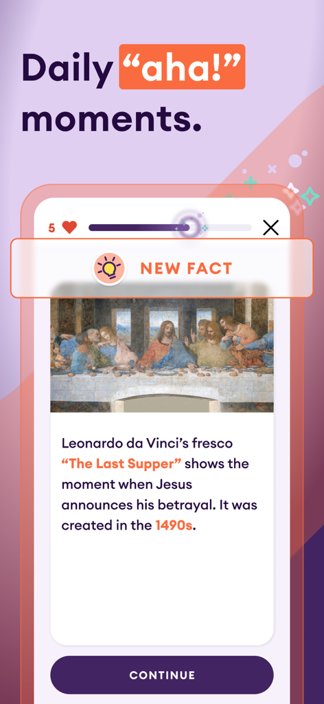 Una captura de pantalla de la aplicación Yuno que muestra una nueva tarjeta de datos sobre el fresco de Leonardo da Vinci, La Última Cena.