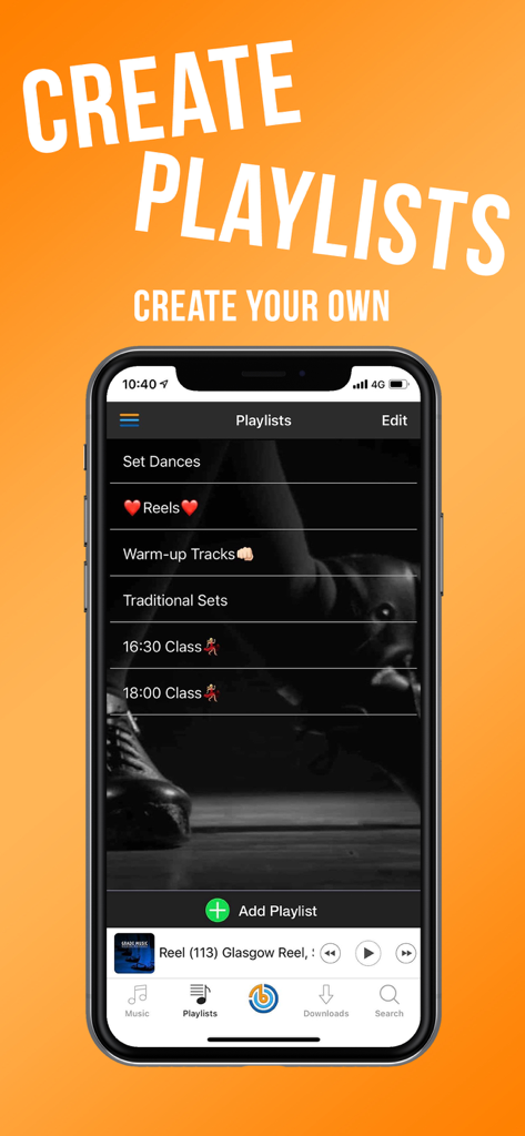 Interface of the Beat app showing custom playlists for Irish dance practice including Reels and Set Dances