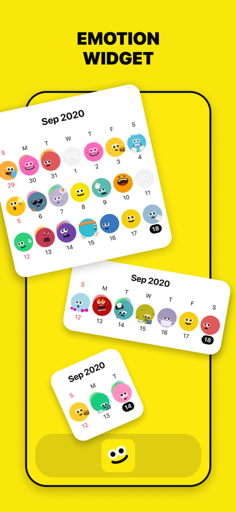 Emolog app emotion widgets showing monthly and weekly mood tracking with colorful emojis