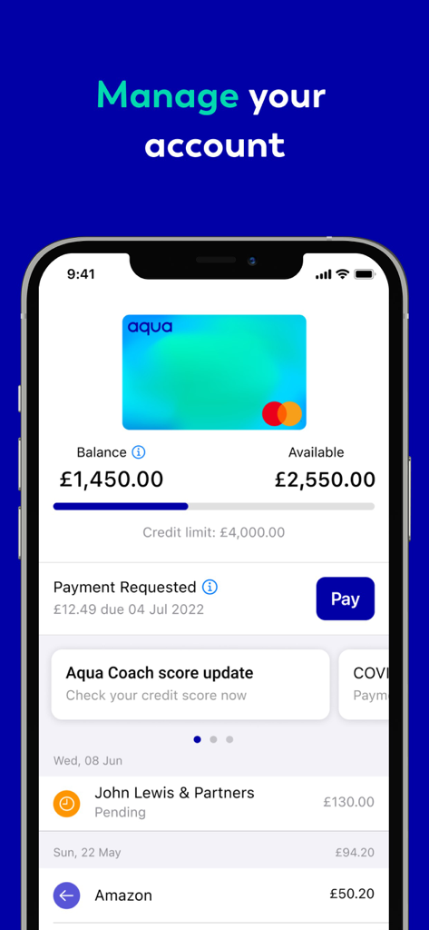 Aqua credit card mobile app dashboard showing account balance available credit and recent transactions
