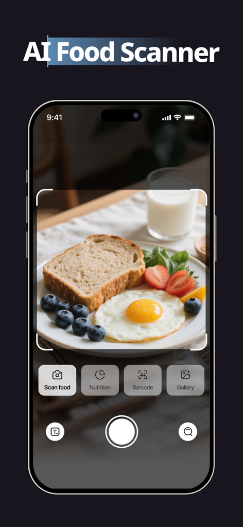 Función de escáner de alimentos por IA de la aplicación CalBye que identifica calorías y nutrición a partir de una foto de desayuno