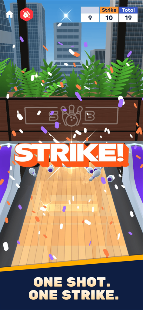 Skyline Bowling - A strike celebration in the Skyline Bowling game featuring a city skyline background