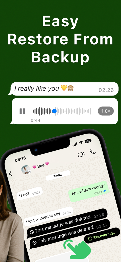 Smartphone interface showing deleted message recovery in the WARB app.