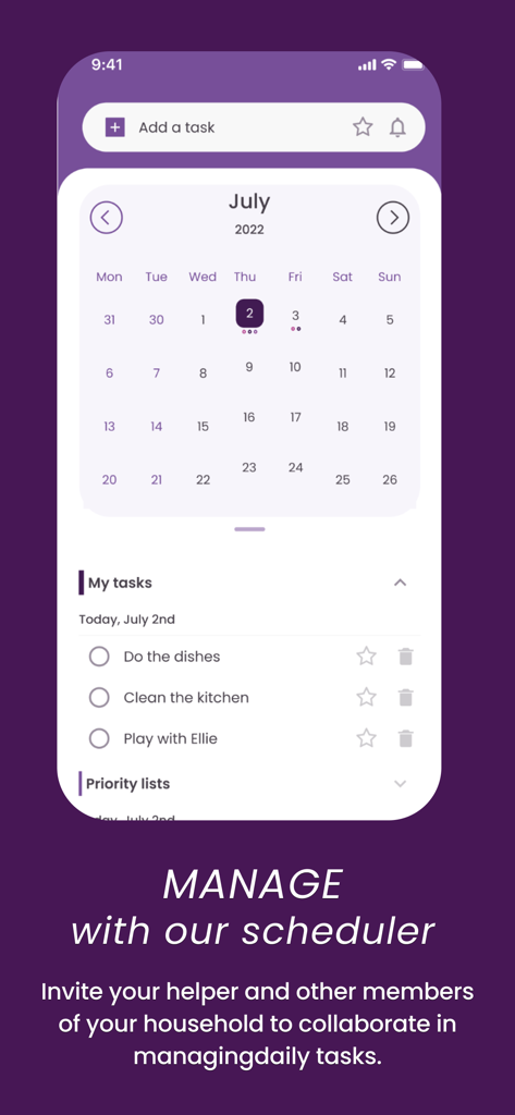 A mobile app screen showing a household scheduler with a calendar and a list of daily tasks for helpers and family members.