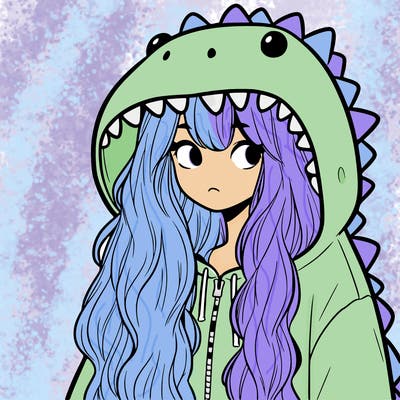 a girl with long hair and an oversized dinosaur hoodie on