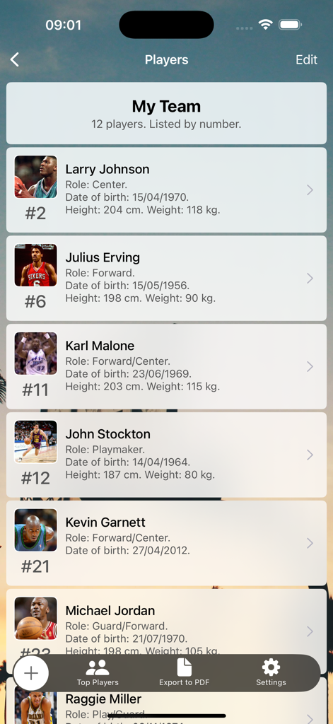 Assistant Coach app screen displaying a list of basketball players with detailed profiles and photos.