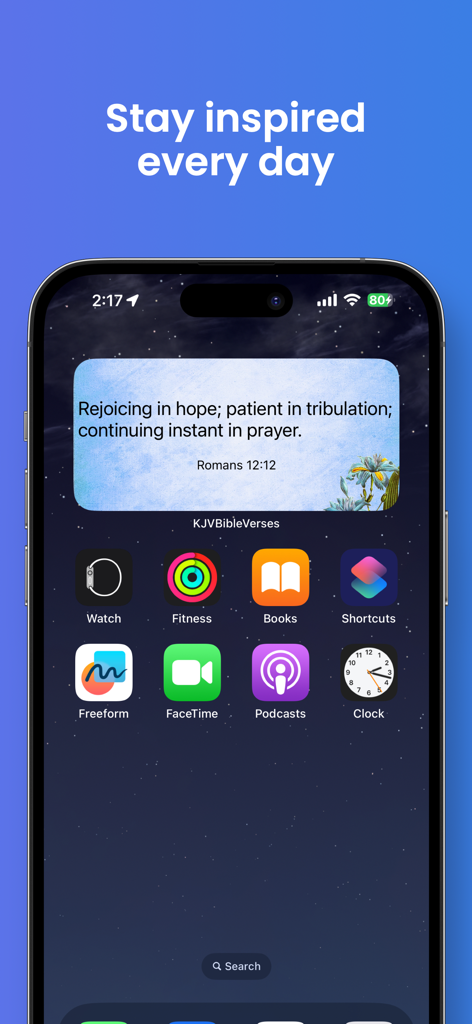 KJV Bible Verses Widget - iPhone home screen displaying a KJV Bible verse widget with Romans 12:12 over a floral background