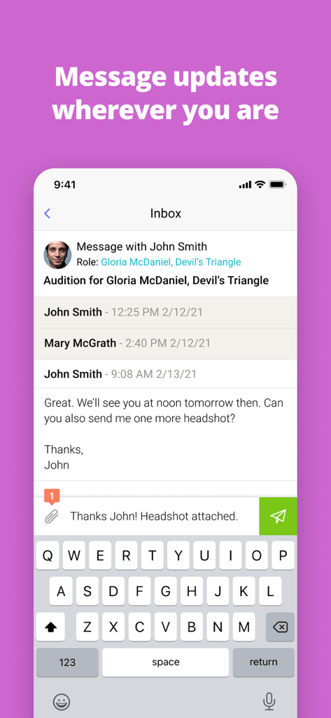StarNow Audition Finder - StarNow app messaging interface showing a user communicating with a casting director about an audition