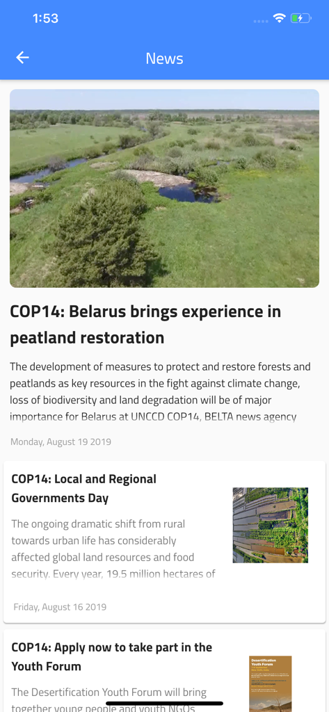 Pantalla de feed de noticias en la aplicación Conferencia UNCCD mostrando actualizaciones de la COP14.