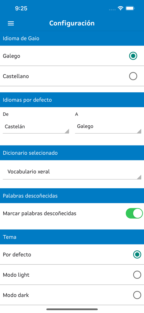 La configuración de la app de traducción Tradutor Gaio mostrando preferencias de idioma y tema.