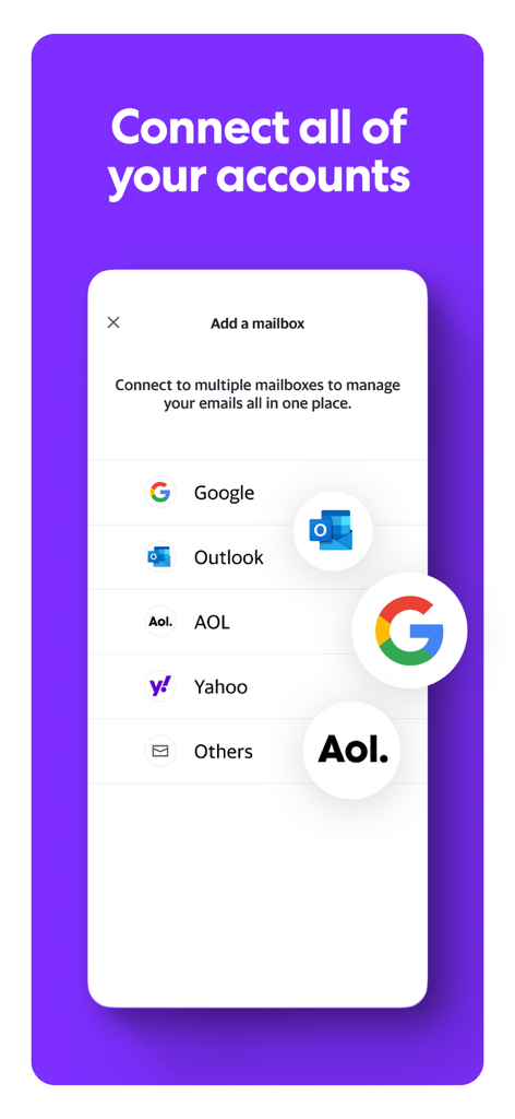 A screen from the Yahoo Mail app showing options to connect and manage multiple email accounts from providers like Google, Outlook, and AOL.