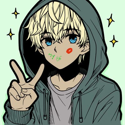 teenage manga boy in a hoodie, doing ✌