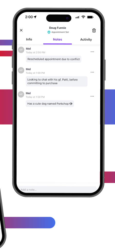SalesRabbit+ - A screenshot of the SalesRabbit plus mobile app showing a lead's interaction history and personal notes.