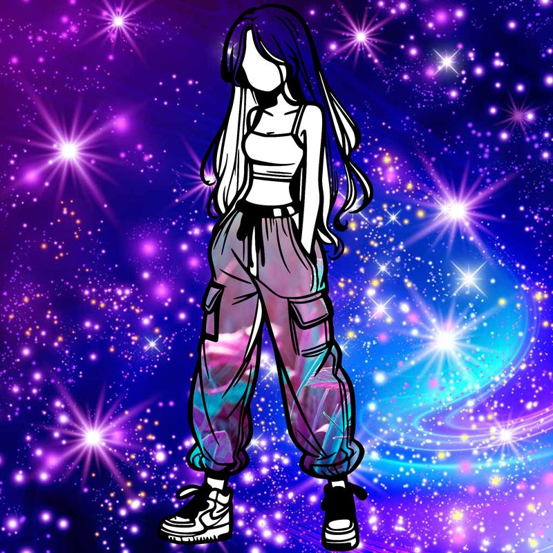 girl in baggy pants crop top and long hair