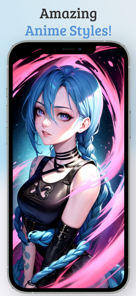 Luna AI app screen showing a high quality anime girl with blue hair and pink energy swirls