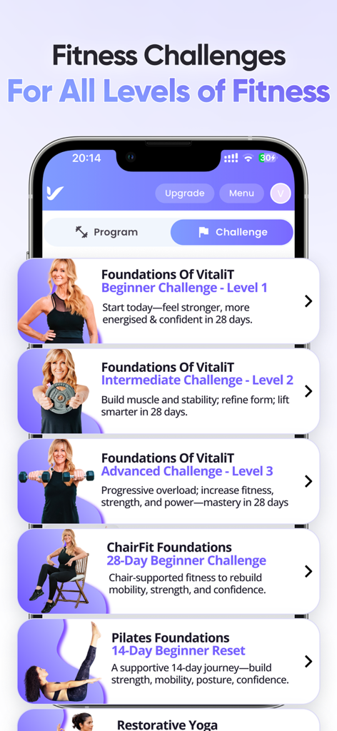 VitaliT by Fabulous50s - Schermata dell'app VitaliT che mostra sfide di fitness per tutti i livelli, inclusi principianti e avanzati
