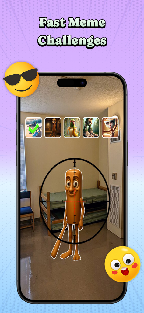 Italian Brainrot Soundboard AR - Augmented reality view of a meme character in a bedroom with a sniper scope overlay