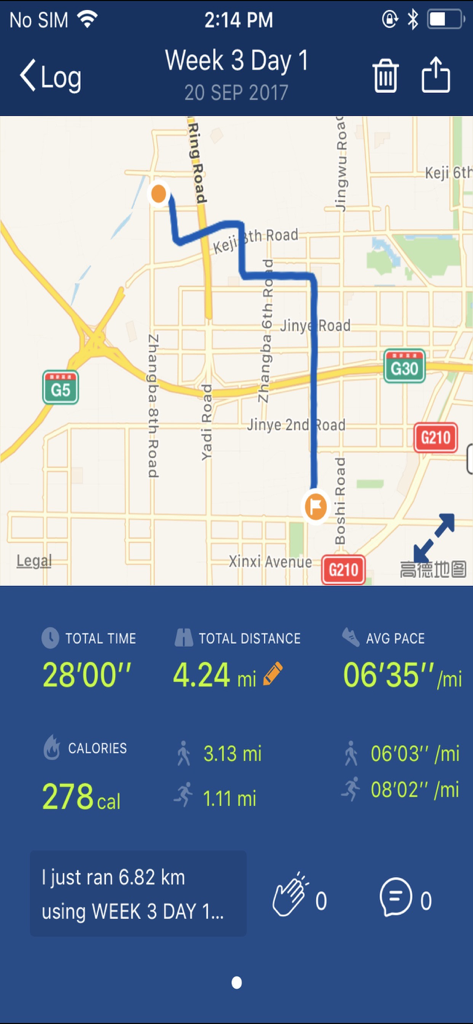 Couch to 5K app showing a mapped running route and workout statistics for Week 3 Day 1
