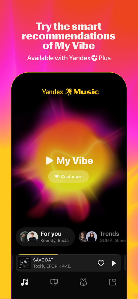 Yandex Music app interface showcasing the My Vibe smart recommendation feature