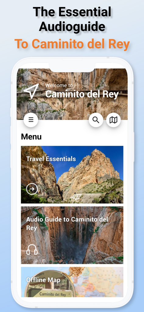 Caminito del Rey - Tela inicial do aplicativo móvel Caminito del Rey com um guia de áudio e mapas offline para caminhantes independentes.