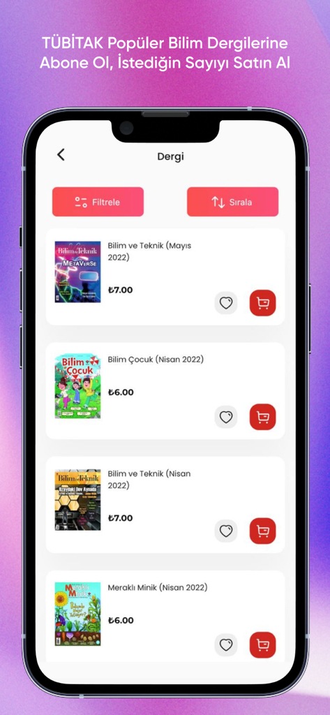 Mobile screen displaying a variety of Turkish science magazines available for purchase in the TÜBİTAK app