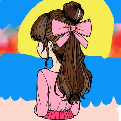 realistic girl  with hip length hair a bun and a big bow on the back of head