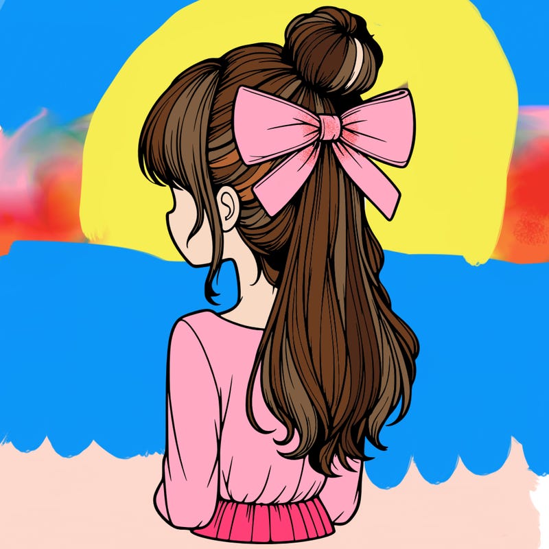 realistic girl  with hip length hair a bun and a big bow on the back of head