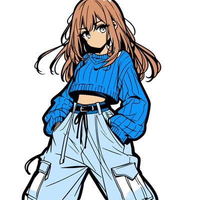 anime teen girl with baggy pants and crop top with sweater