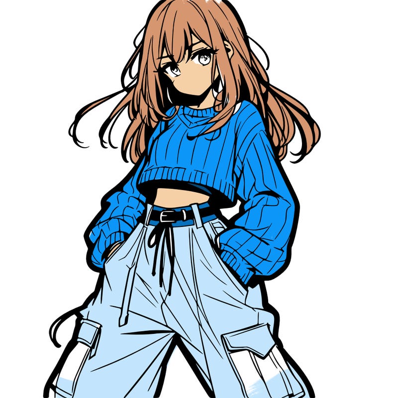 anime teen girl with baggy pants and crop top with sweater
