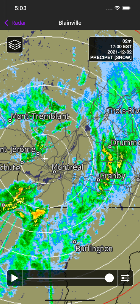 Canada Weather - Un mapa de radar meteorológico móvil que muestra patrones de precipitación de nieve alrededor de Montreal y Blainville.