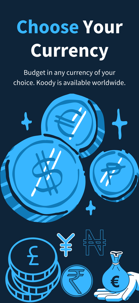 Koody - Budget & Bills Tracker - An illustration of various global currency coins and symbols showing that Koody supports budgeting worldwide