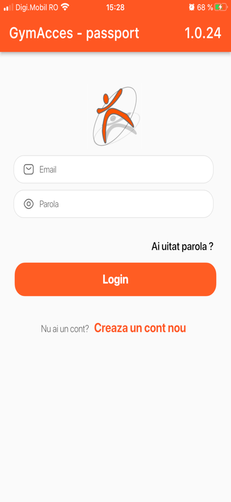GymAcces Passport - Schermata di accesso di GymAcces Passport con campi di inserimento email e password e un pulsante di accesso arancione