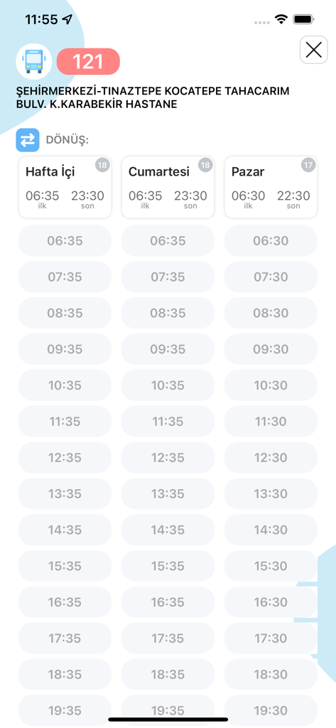 KBB Trafik - App KBB Trafik che mostra gli orari di partenza degli autobus per la linea 121 a Kayseri