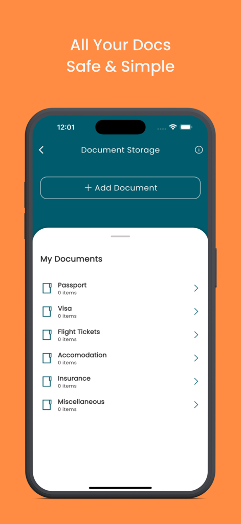TourAI - AI Travel Planner - TourAI App-Bildschirm mit sicherer Speicherung von Dokumenten für Reisepass, Visum und Flugtickets