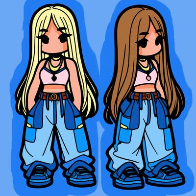 girl in baggy pants crop top and long hair