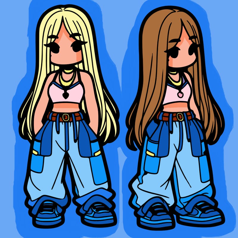 girl in baggy pants crop top and long hair