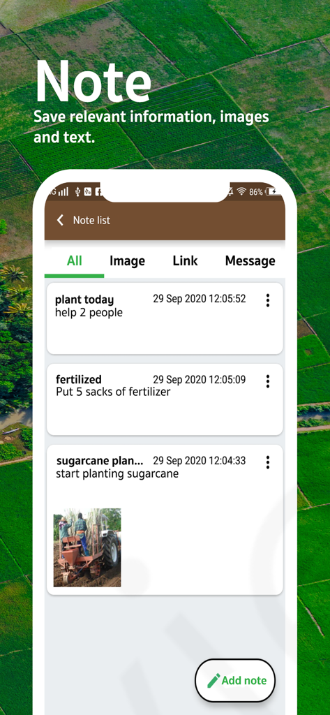 GLand: GPS Field Area Measure - GLand app interface showing a note list for tracking farming activities like planting and fertilizing