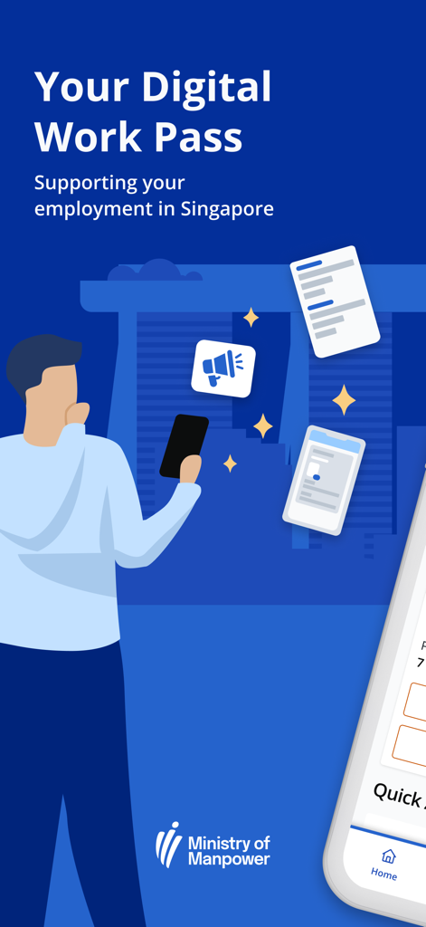 Einführungsbildschirm der SGWorkPass-App zur Anzeige digitaler Arbeitsausweise in Singapur