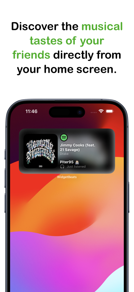 WidgetBeats: Music Widget - Tela de início do iPhone exibindo o widget de música WidgetBeats mostrando a faixa atual de um amigo
