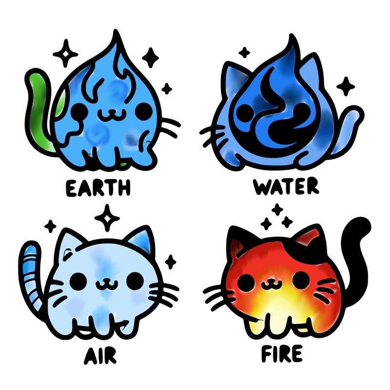 4 cats that represent the different elements, earth, water, air, and fire