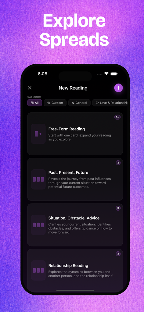 TarotLingo - TarotLingo app interface showing various tarot reading spreads like Past Present Future and Relationship Reading.