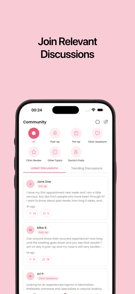 Aesthetic Valley - Community discussion screen in the Aesthetic Valley app featuring pre-op and post-op surgery advice