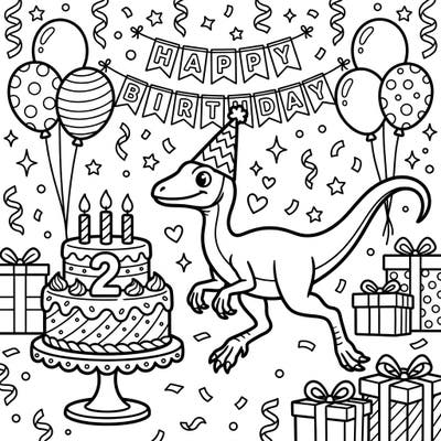 Get ready for a prehistoric party with this adorable Compsognathus celebrating its birthday! This lively coloring page is packed with festive details like balloons, presents, and a special cake.