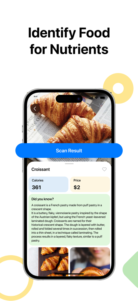 A smartphone screen displaying the Lens app identifying a croissant with its calorie count and nutritional details