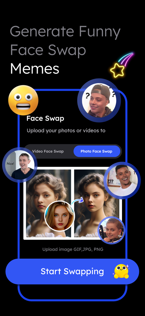 A mobile app interface displaying a face swap tool to create funny memes using AI technology.