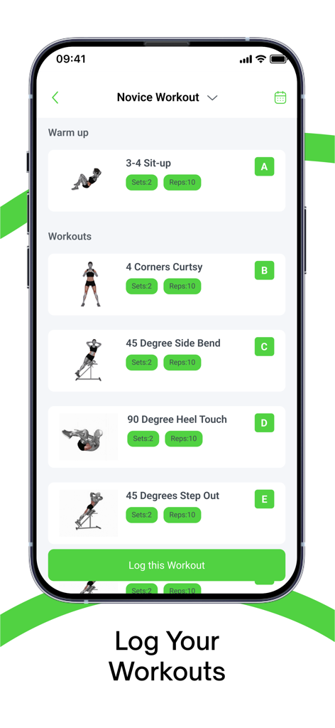 Sama Fit‎ - The Sama Fit mobile app interface showing a novice workout log with exercise details and a tracking button.