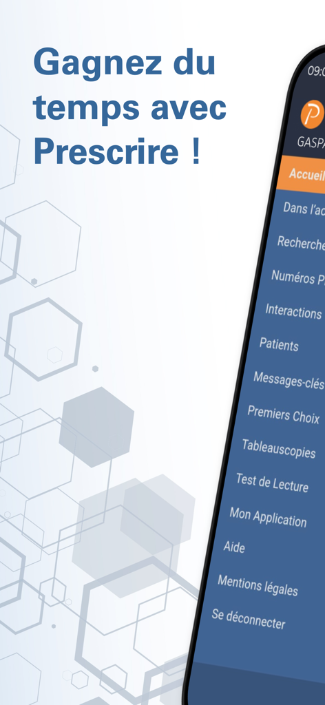 Application Prescrire - Navigationsmenü der medizinischen Anwendung Prescrire, das klinische Werkzeuge und Funktionen für Medikamentenwechselwirkungen zeigt.