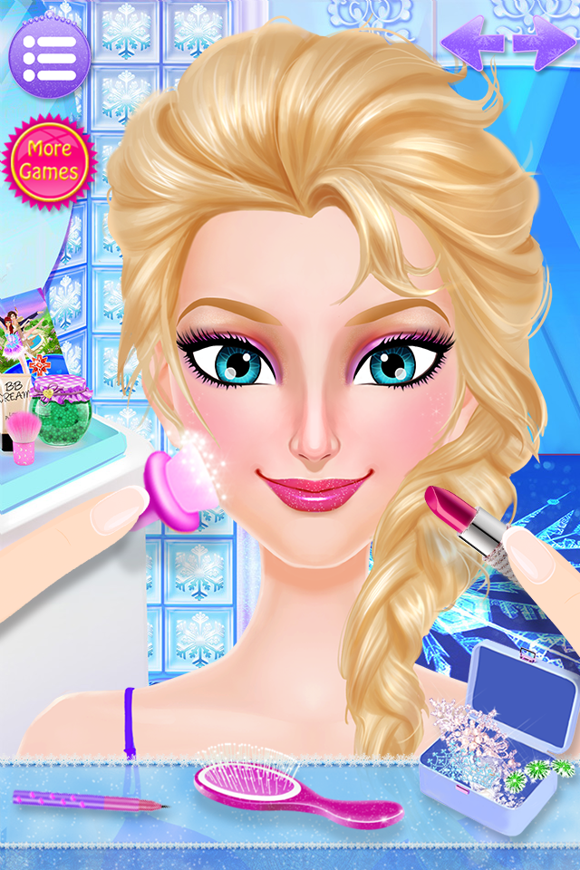 Ice Queen princess getting a makeup makeover in a beauty spa game